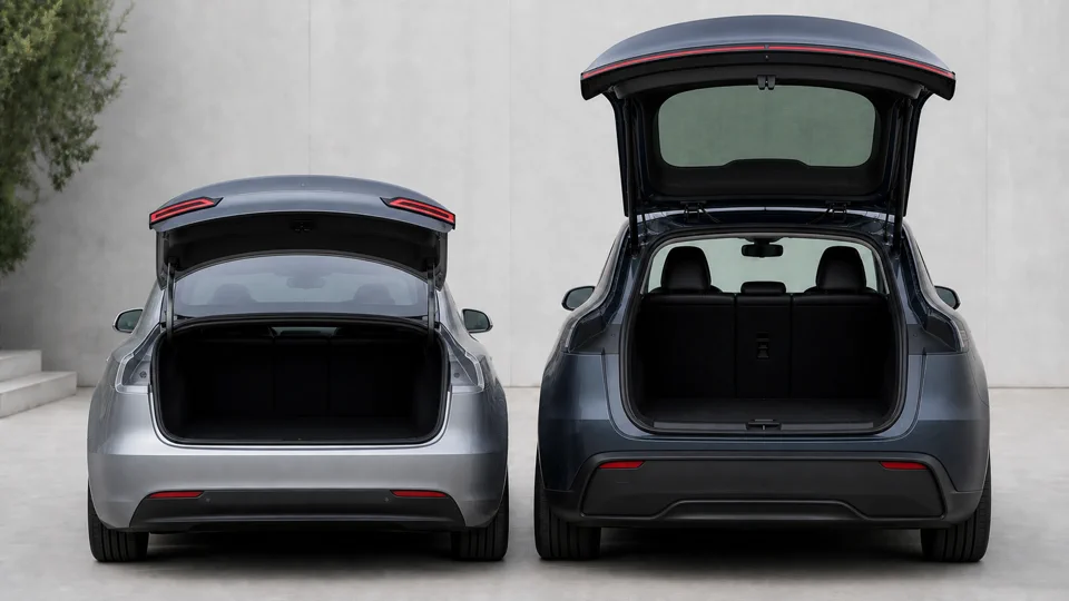 Vista trasera ilustrada de un Tesla Model 3 plateado y un Tesla Model Y gris con los baúles abiertos